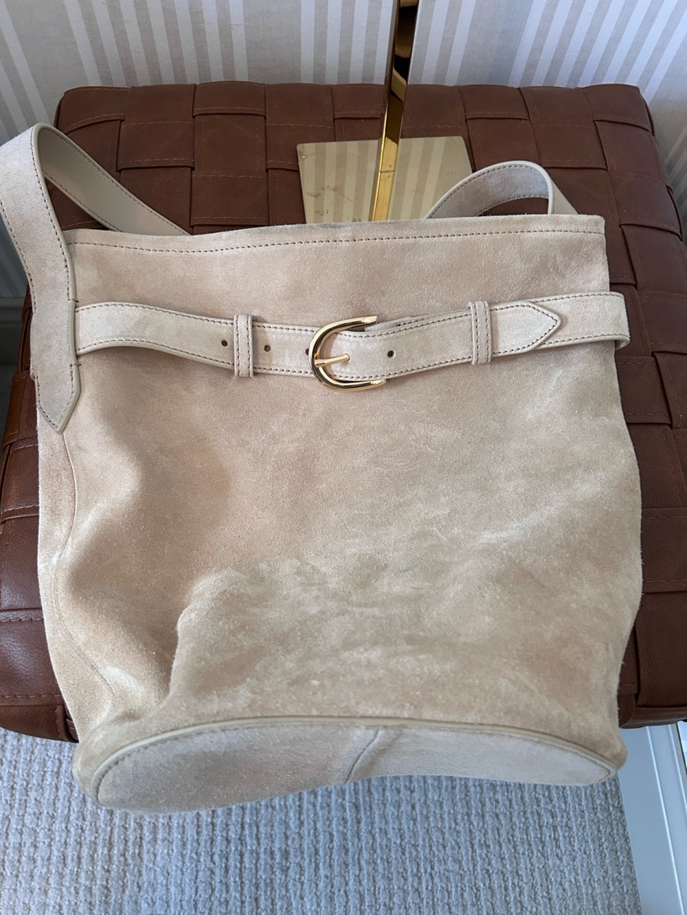 J.Crew Berkeley Leather Belted Bucket Bag Tote in Buttery Neutral Tan Suede - Picture 14 of 15